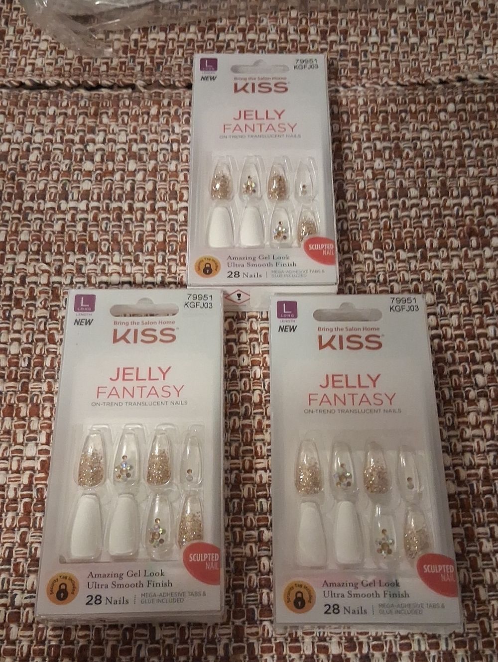 3 Boxes KISS Jelly Fantasy Nail Set - Gold Glitter Long Length